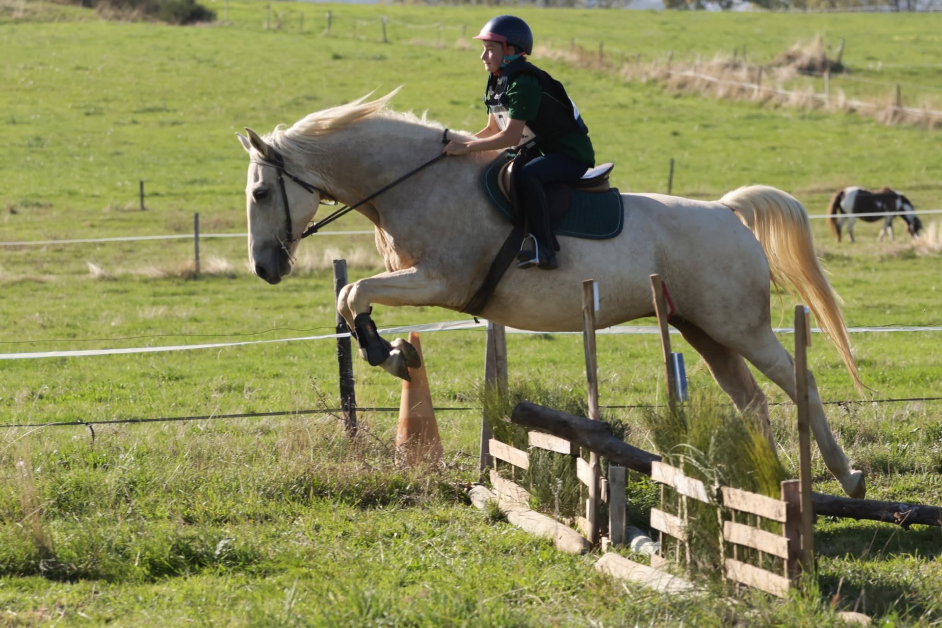 Cavalière franchissant un obstacle en extérieur lors d'un Galop de Pleine Nature